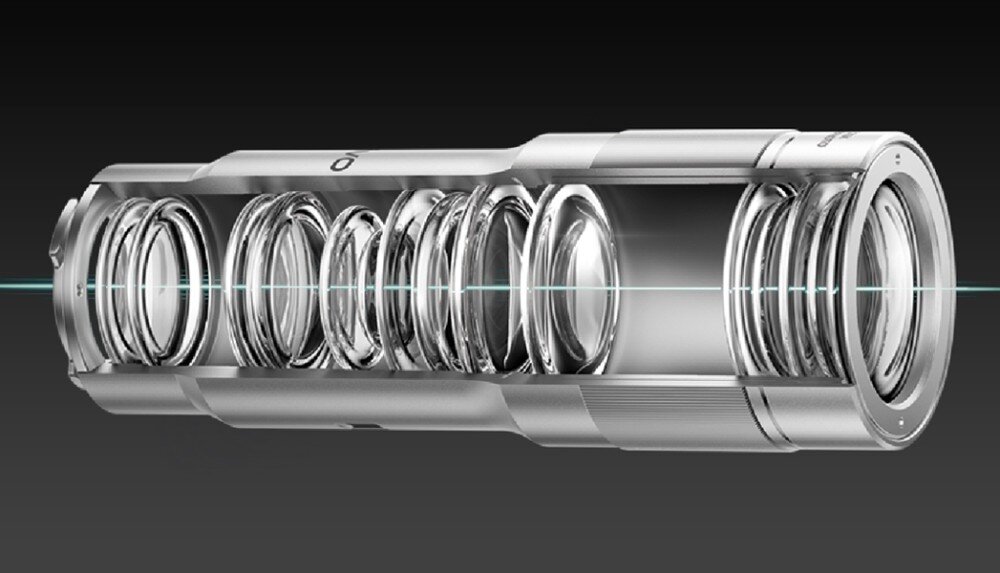 Telekonwerter VIVO Zeiss 200 mm Gen 2 do X500/X Fold6 /X300 Ultra Przekrój podłużny akcesorium optycznego pokazujący układ soczewek wewnątrz obudowy z przechodzącą przez środek osią świetlną