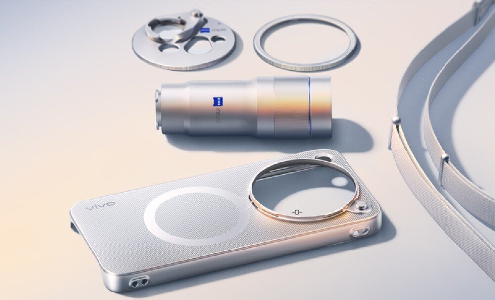 Telekonwerter VIVO Zeiss 200 mm Gen 2 do X500/X Fold6 /X300 Ultra Zestaw akcesoriów fotograficznych na jasnym tle, w tym etui na telefon z okrągłą wysepką na aparaty, moduł obiektywu oraz pasek