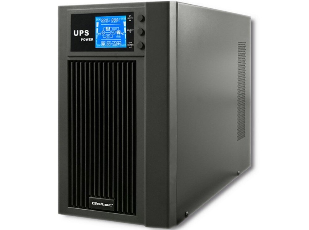 Zasilacz UPS QOLTEC On-line Pure Sine Wave 3000VA 2400W Czarna obudowa zasilacza z niebieskim ekranem LCD i trzema przyciskami sterującymi z boku, opis