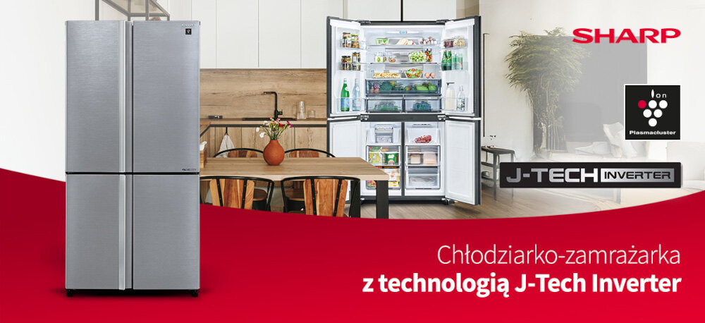 Obraz przedstawia srebrną lodówkę z otwartymi drzwiami, ukazującą wnętrze z różnymi produktami spożywczymi. Na czerwonym tle widnieje tekst: \'Chłodziarko-zamrażarka z technologią J-Tech Inverter\', a także logo SHARP i Ion Plasmacluster.
