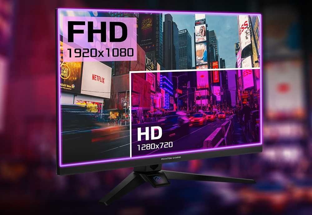 Monitor wyświetla obraz miasta z neonowymi światłami, z oznaczeniami FHD 1920x1080 i HD 1280x720. Na ekranie widoczne jest logo \'Phantom Gaming\'.