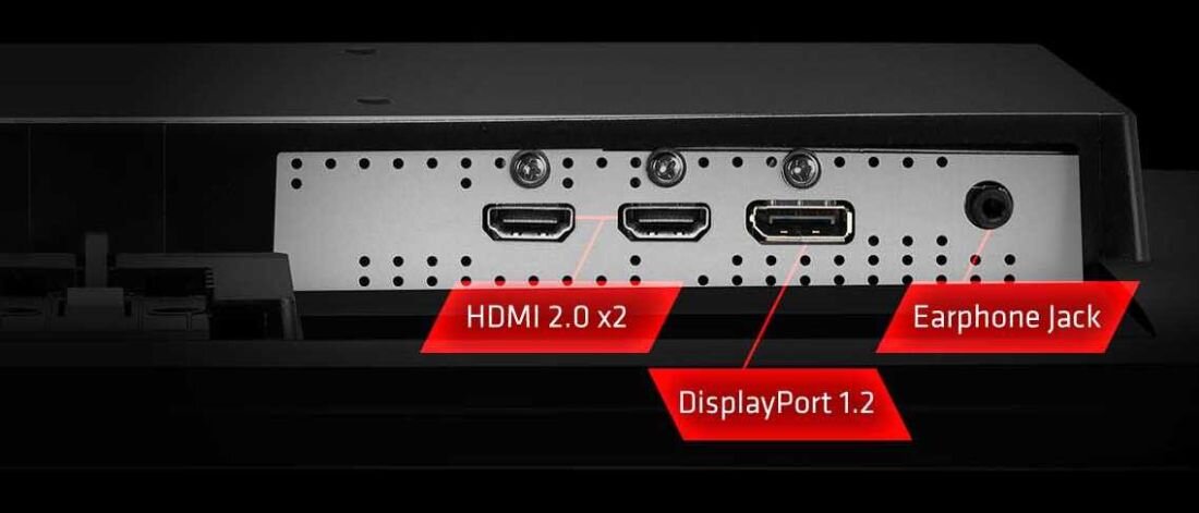 Obraz przedstawia panel złącz monitora z trzema portami: dwa HDMI 2.0, jeden DisplayPort 1.2 oraz gniazdo słuchawkowe. Każde złącze jest opisane czerwonymi etykietami wskazującymi ich funkcje.