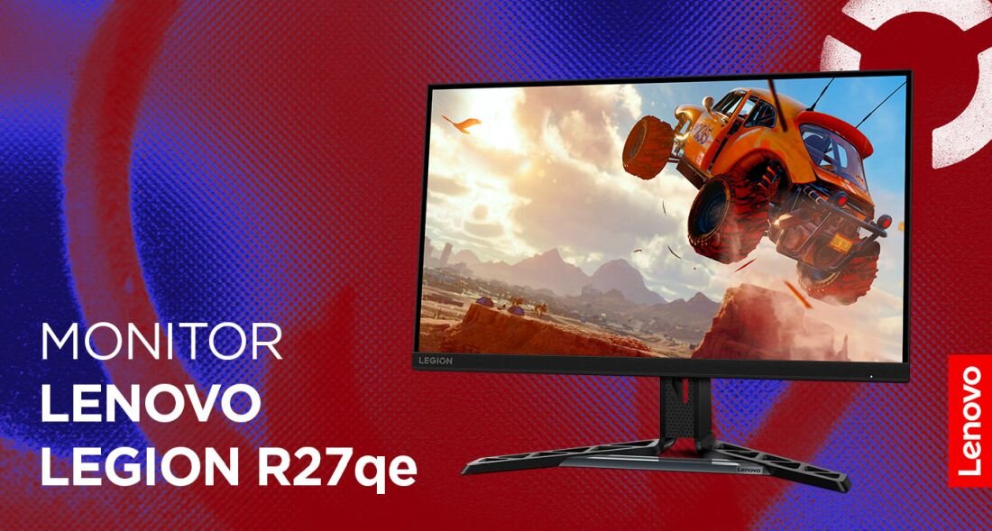 Monitor z dynamiczną sceną wyścigową na ekranie, obok widoczny tekst: \'MONITOR LENOVO LEGION R27qe\'. W tle czerwono-niebieskie tło z logo Lenovo.