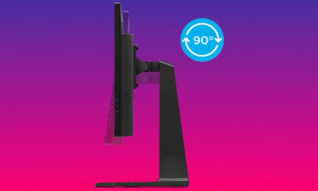 Monitor ustawiony w pozycji pionowej na tle gradientu od fioletu do różu. Obok monitora znajduje się symbol z napisem \'90°\'.