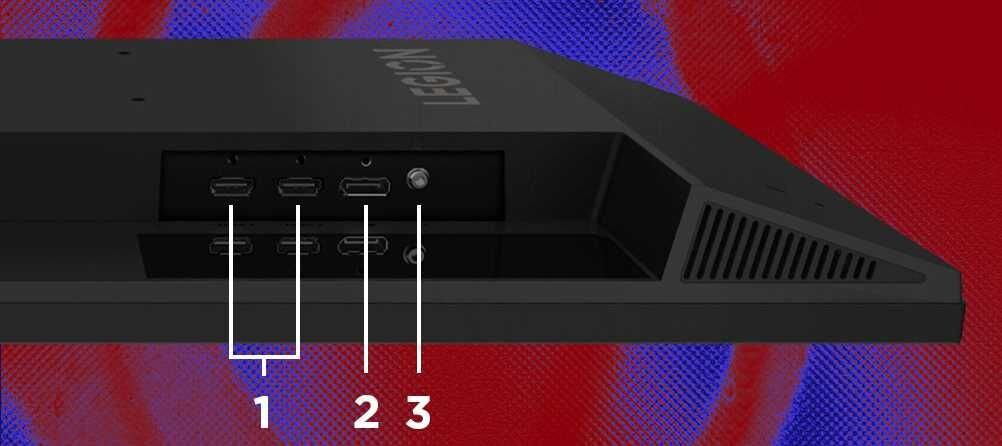 Tył monitora z widocznymi portami i napisem \'LEGION\' na obudowie. Tło jest czerwono-niebieskie, a porty są oznaczone numerami 1, 2 i 3.