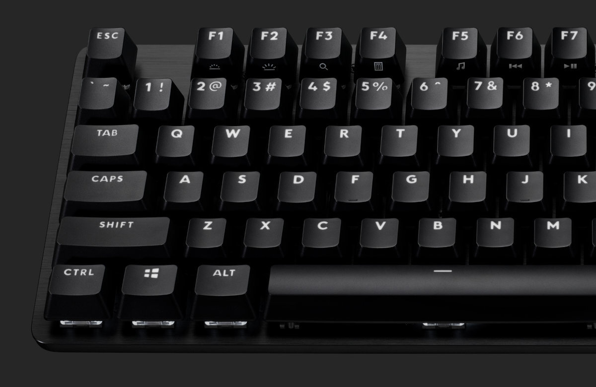 Czarna klawiatura z białymi oznaczeniami klawiszy, w tym ESC, F1-F7, TAB, CAPS, SHIFT, CTRL, ALT oraz literami QWERTY. Klawisze mają wyraźne symbole i cyfry, a tło jest ciemne.