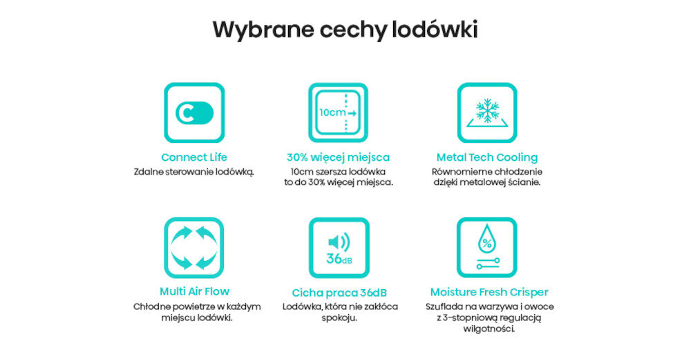 Grafika przedstawia sześć ikon z opisami cech lodówki: Connect Life, 30% więcej miejsca, Metal Tech Cooling, Multi Air Flow, Cicha praca 36dB, Moisture Fresh Crisper. Każda ikona ma krótki opis funkcji, np. \'Zdalne sterowanie lodówką\' dla Connect Life.
