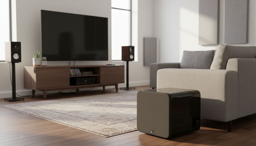 W nowoczesnym salonie znajduje się subwoofer w czarnym połysku, ustawiony obok szarej sofy. W tle widać telewizor na drewnianej szafce oraz dwa głośniki na stojakach.