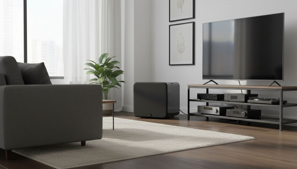 W salonie znajduje się subwoofer w czarnym połysku, obok telewizora na stoliku z urządzeniami audio. W pomieszczeniu jest także szara sofa, roślina doniczkowa i dwa obrazy na ścianie.