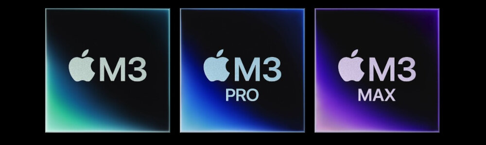 Trzy kwadratowe grafiki z logo jabłka i napisami: \'M3\', \'M3 PRO\', \'M3 MAX\', każda na tle gradientu w różnych kolorach.