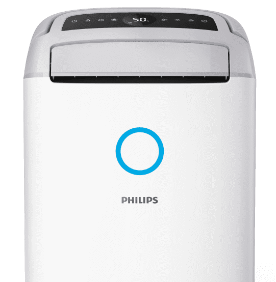 Na obrazie widoczny jest biały osuszacz powietrza z logo PHILIPS oraz niebieskim okręgiem na przednim panelu. Na górze urządzenia znajduje się panel sterowania z wyświetlaczem pokazującym liczbę 50.