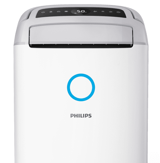Na obrazie widoczny jest biały osuszacz powietrza z logo PHILIPS oraz niebieskim okręgiem na przednim panelu. Na górze urządzenia znajduje się panel sterowania z wyświetlaczem pokazującym liczbę 50.
