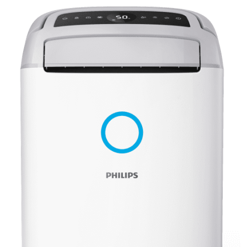 Na obrazie widoczny jest biały osuszacz powietrza z logo PHILIPS oraz niebieskim okręgiem na przednim panelu. Na górze urządzenia znajduje się panel sterowania z wyświetlaczem pokazującym liczbę 50.
