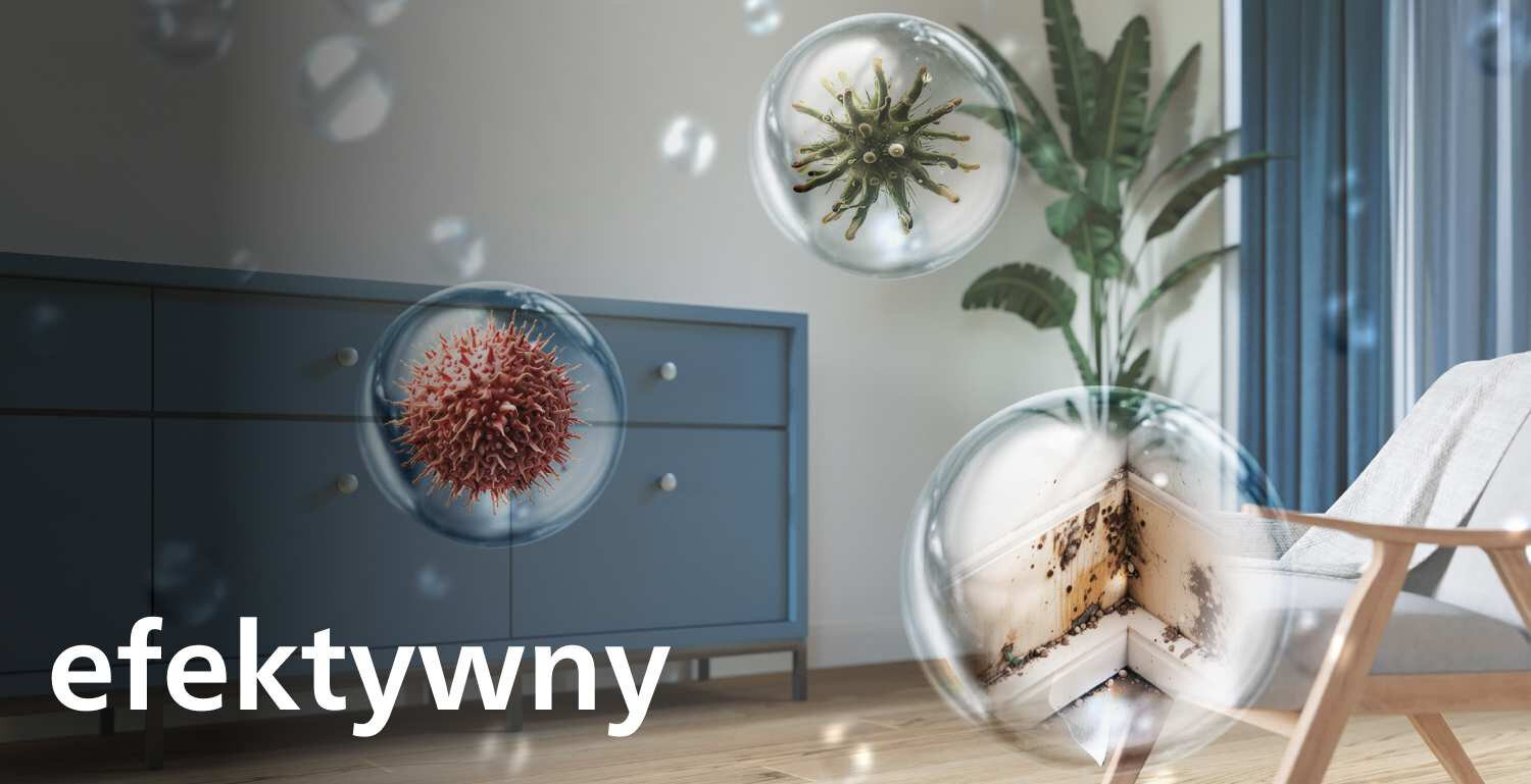 Wnętrze pokoju z niebieską komodą i rośliną w doniczce, na pierwszym planie widoczne są powiększone obrazy zarodników pleśni i bakterii w bańkach. Na dole znajduje się napis \'efektywny\'.