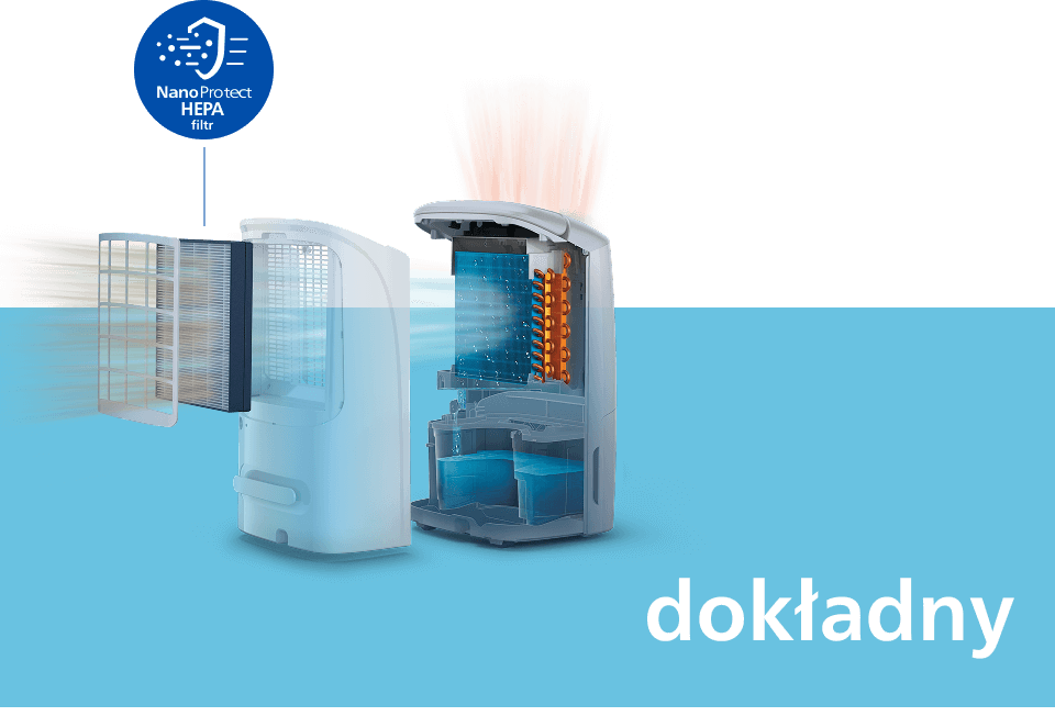 Obraz przedstawia osuszacz powietrza z widocznym filtrem NanoProtect HEPA oraz przekrojem urządzenia. Na dole widoczny jest napis \'dokładny\'.