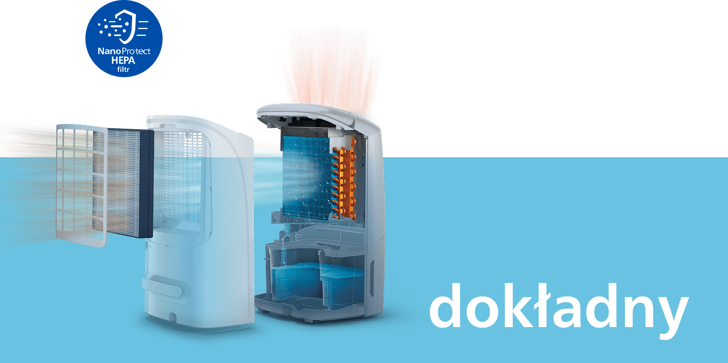 Obraz przedstawia dwa osuszacze powietrza z widocznymi elementami wewnętrznymi, z napisem \'dokładny\' oraz logo \'NanoProtect HEPA filtr\'.