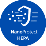 Niebieska ikona z białym symbolem tarczy i cząsteczkami oraz tekstem \'NanoProtect HEPA\'.