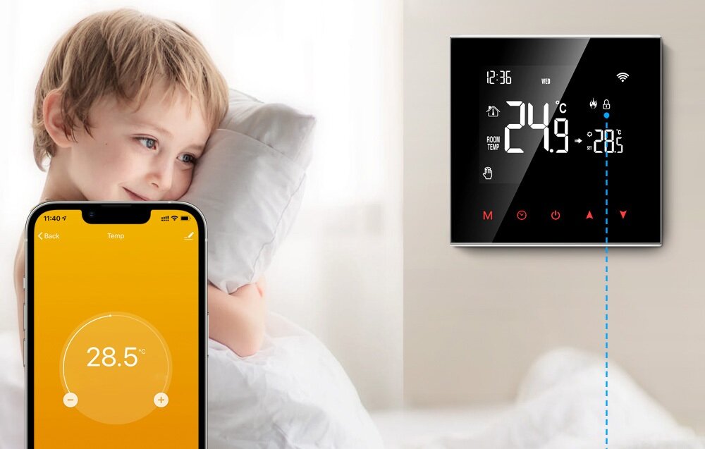 Na obrazie widoczny jest termostat z wyświetlaczem pokazującym temperaturę 24,9°C oraz ikonami Wi-Fi i zegara. Obok znajduje się smartfon z aplikacją pokazującą temperaturę 28,5°C na pomarańczowym tle.
