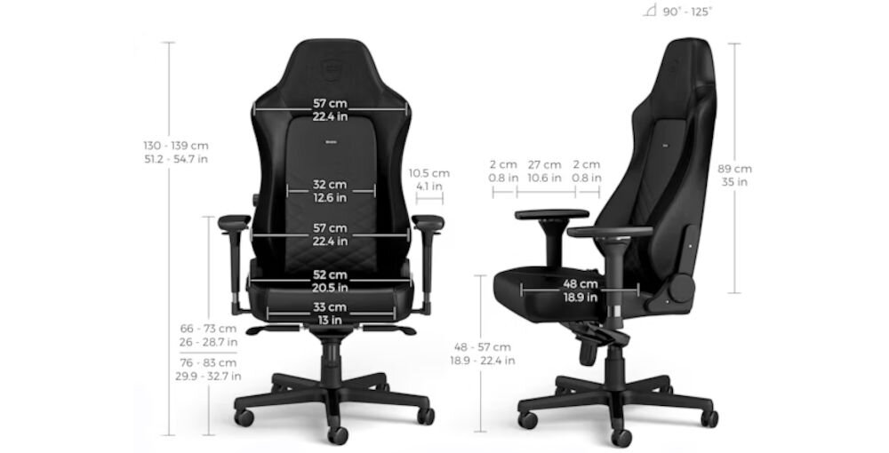 Fotel NOBLECHAIRS Hero Czarny prezentacja fotela od przodu i boku z wymiarami wymiary 130–139 cm wysokości, 52×48 cm siedzisko, 89 cm oparcie, 90–125° nachylenia, regulowane podłokietniki ergonomia komfort wparcie pleców