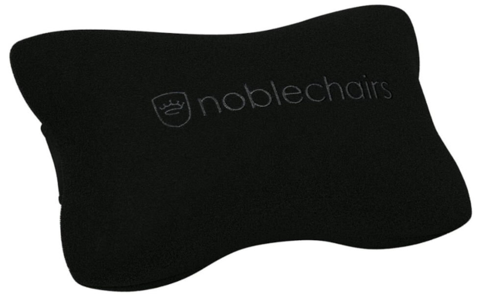 Fotel NOBLECHAIRS Hero Czarny prezentacja poduszki na białym tle logo firmy poduszka mięśni karku wygodne podparcie szyi i głowy redukcja napięcia mięśni karku zachowanie właściwej pozycji ciała