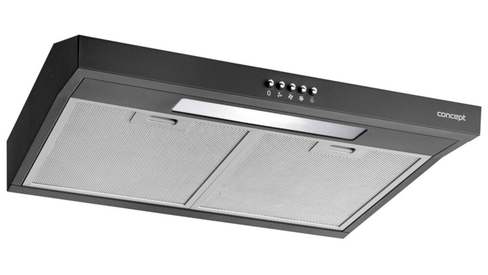 Czarny okap kuchenny z dwoma metalowymi filtrami i panelem sterowania z pięcioma przyciskami. Na obudowie widoczne jest logo \'concept\'.