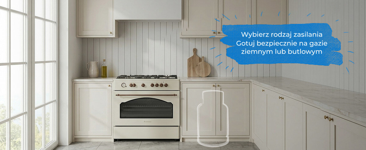 Kuchnia w jasnych kolorach z piekarnikiem i płytą gazową, na ścianie widoczny jest napis: \'Wybierz rodzaj zasilania. Gotuj bezpiecznie na gazie ziemnym lub butlowym\'.