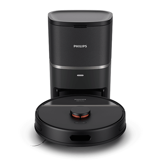 Na obrazie widoczny jest czarny robot sprzątający z okrągłą obudową oraz stacja dokująca. Na stacji dokującej znajduje się logo \'PHILIPS\'.