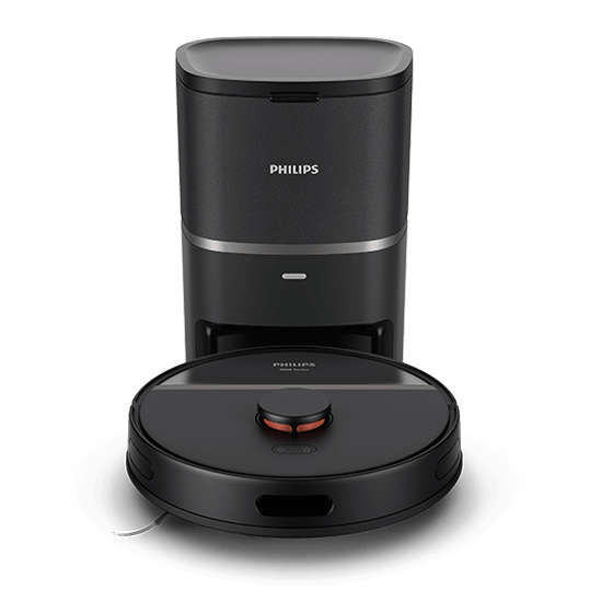 Na obrazie widoczny jest czarny robot sprzątający z okrągłą obudową oraz stacja dokująca. Na stacji dokującej znajduje się logo \'PHILIPS\'.