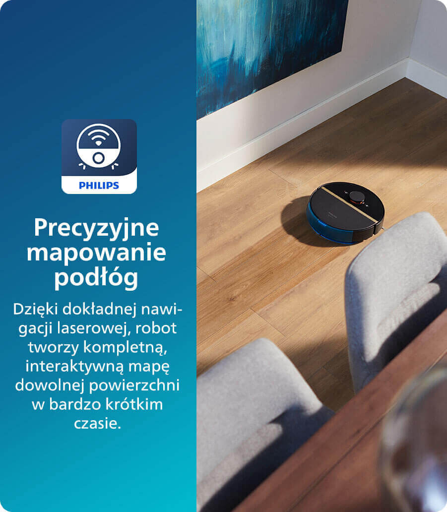 Obraz przedstawia robot sprzątający na drewnianej podłodze obok ściany z obrazem. Po lewej stronie znajduje się niebieski panel z logo PHILIPS i tekstem: \'Precyzyjne mapowanie podłóg. Dzięki dokładnej nawigacji laserowej, robot tworzy kompletną, interaktywną mapę dowolnej powierzchni w bardzo krótkim czasie.\'