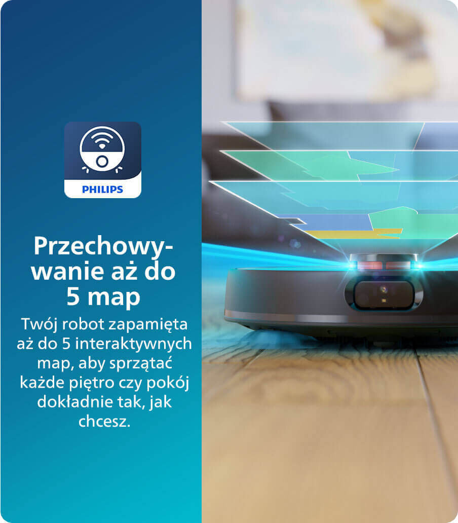 Obraz przedstawia robot sprzątający z wizualizacją map na jego powierzchni. Po lewej stronie widnieje logo PHILIPS oraz tekst: \'Przechowywanie aż do 5 map. Twój robot zapamięta aż do 5 interaktywnych map, aby sprzątać każde piętro czy pokój dokładnie tak, jak chcesz.\'