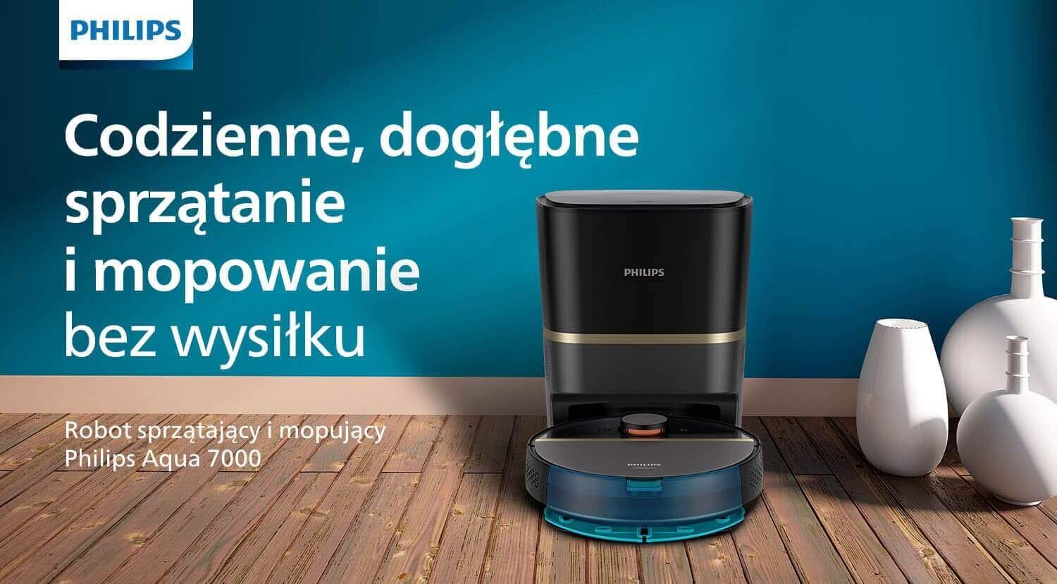 Na drewnianej podłodze stoi robot sprzątający z logo PHILIPS, obok znajdują się białe wazony. Na niebieskim tle widnieje tekst: \'Codzienne, dogłębne sprzątanie i mopowanie bez wysiłku\'.