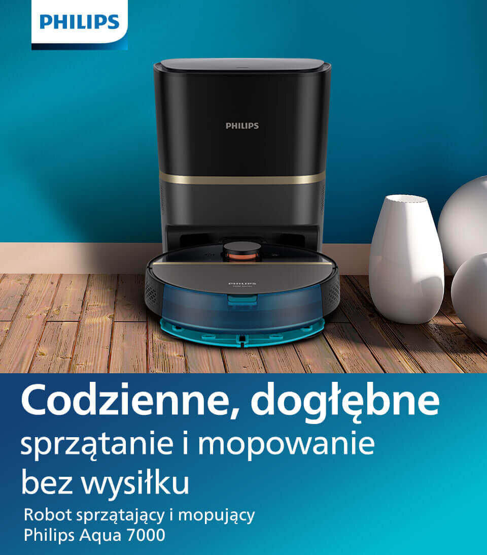 Na drewnianej podłodze stoi czarny robot sprzątający z niebieskim akcentem, przed większą stacją dokującą z logo PHILIPS. Tekst na dole obrazu: \'Codzienne, dogłębne sprzątanie i mopowanie bez wysiłku Robot sprzątający i mopujący Philips Aqua 7000\'.