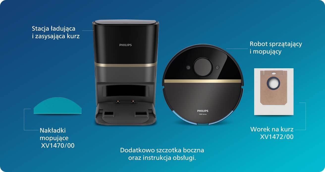 Na niebieskim tle widoczny jest zestaw produktów: stacja ładująca i zasysająca kurz, robot sprzątający i mopujący, nakładki mopujące oraz worek na kurz. Obok każdego elementu znajdują się opisy z nazwami i numerami modeli, a na stacji i robocie widoczne jest logo PHILIPS.