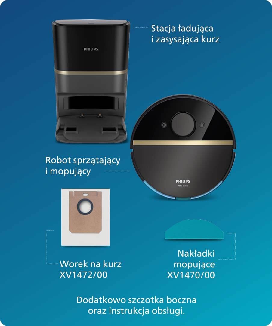 Obraz przedstawia zestaw produktów związanych z robotem sprzątającym i mopującym marki PHILIPS. Widoczne są: stacja ładująca i zasysająca kurz, robot sprzątający, worek na kurz XV1472/00, nakładki mopujące XV1470/00 oraz informacja o dodatkowej szczotce bocznej i instrukcji obsługi.