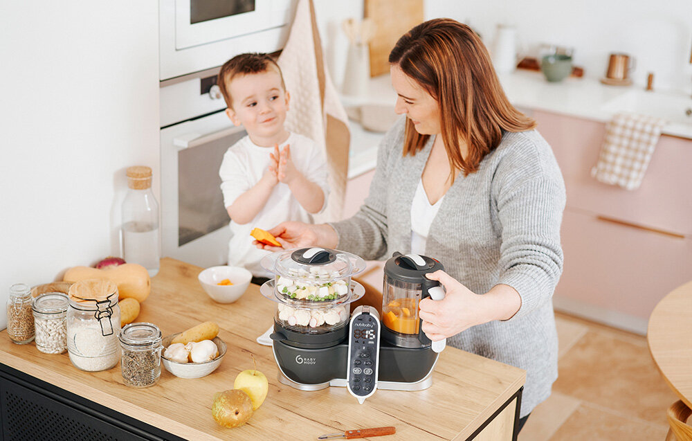 Robot kuchenny BABYMOOV Nutribaby (+) 6w1 A001124 Szary wszechstronne urządzenie ułatwienie przygotowywania posiłków szeroka gama funkcji na każdy etap rozwoju pojemność 2,2 l większe ilości jedzenia szczególnie przydatne gotowanie na zapas stylowy design funkcjonalność nieodłączny element kuchni zdrowe nawyki żywieniowe