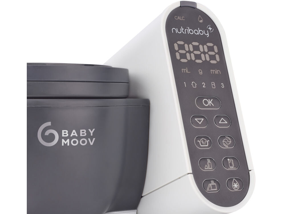 Robot kuchenny BABYMOOV Nutribaby (+) 6w1 A001124 Szary wszechstronność wiele zadań jeden sprzęt 6 funkcji gotowanie na parze blendowanie sterylizacja butelek i drobnych akcesoriów podgrzewanie posiłków oraz butelek rozmrażanie funkcjonalne rozwiązanie intuicyjny panel sterowania łatwa obsługa