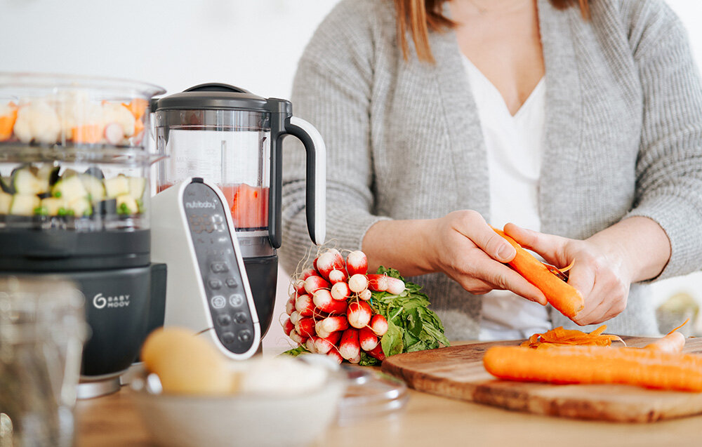 Robot kuchenny BABYMOOV Nutribaby (+) 6w1 A001124 Szary oszczędność czasu energii jednoczesne gotowanie na parze i blendowanie osszczędność czasu jedzenie o różnych konsystencjach idealne dla niemowląt 0 80% mniej energii od tradycyjnych metod przyjazny dla srodowiska