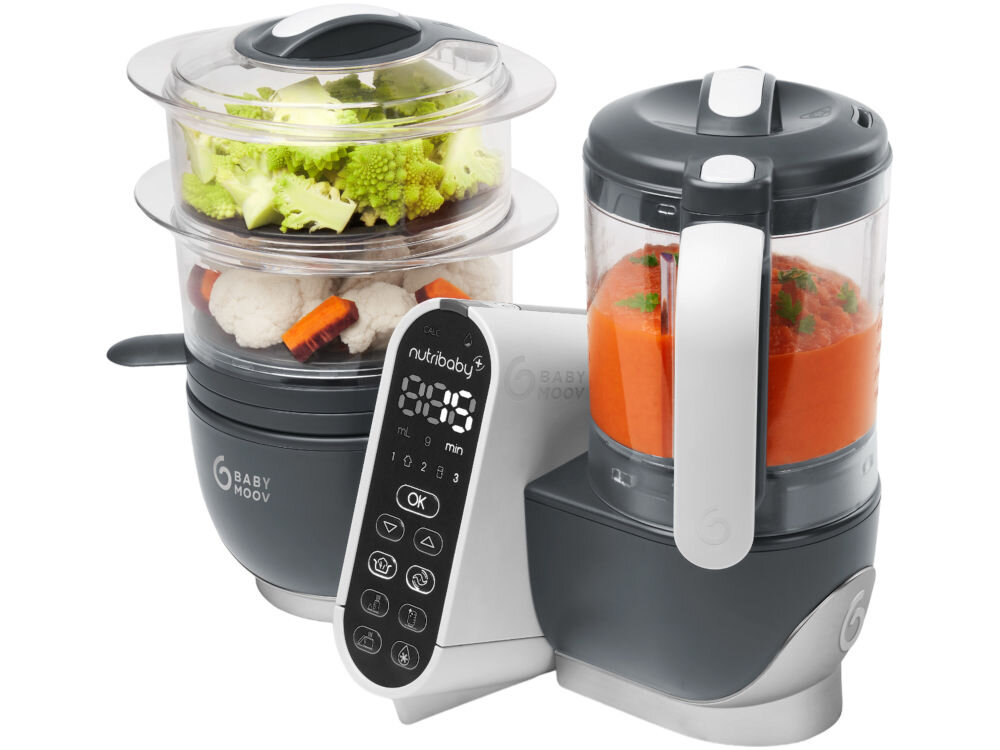 Robot kuchenny BABYMOOV Nutribaby (+) 6w1 A001124 Szary gotowanie na parze najzdrowsza metoda przyrządzania posiłków jednoczesne przygotowanie różnych składników warzywa ryby mięso owoce dwa koszyki do gotowania na parze oddzielenie poszczególnych produktów różnorodne dania w tym samym czasie specjalny pojemnik na soki zachowanie składników odżywczych wzbogacenie smaku potraw dodanie do przygotowanych dań