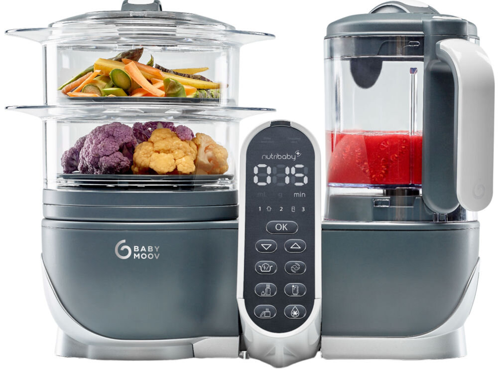 Robot kuchenny BABYMOOV Nutribaby (+) 6w1 A001124 Szary funkcja blendowanie 3 prędkości dostosowanie konsystencji posiłków gładkie puree posiłki z większymi kawałkami starsze dzieci dostosowanie dow eiku i preferencji duża pojemnośc blendera 700 ml przygotowanie większych porcji mrożenie jedzenia na później