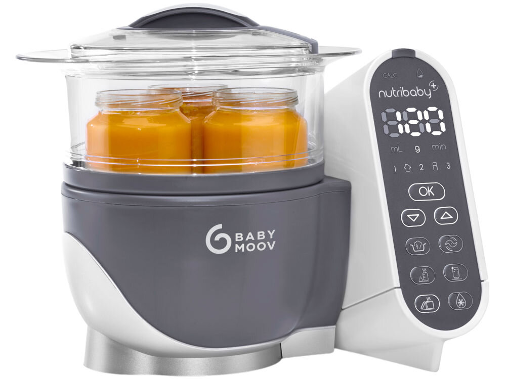 Robot kuchenny BABYMOOV Nutribaby (+) 6w1 A001124 Szary sterylizacja młodzi rodzice szybkie skuteczne sterylizowanie butelek małych akcesoriów zachowanie higieny bezpieczeństwa podczas karmienia podgrzewacz do słoików z jedzeniem butelek ułatwienie karmienia