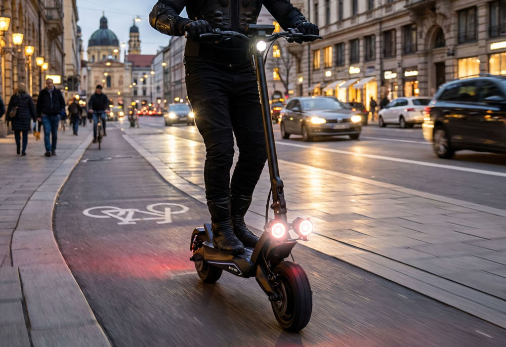 Osoba jedzie na czarnej hulajnodze elektrycznej po ścieżce rowerowej w mieście, w tle widać ruch uliczny i oświetlone budynki. Hulajnoga ma dwa przednie światła i świecące tylne światło.
