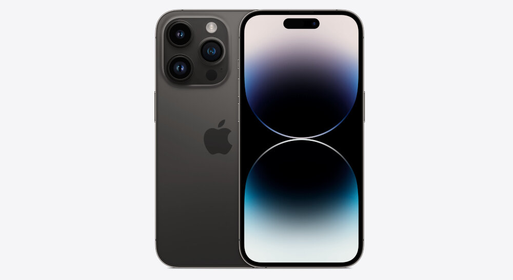 Na obrazie widoczny jest smartfon w kolorze ciemnym z trzema aparatami z tyłu i ekranem z gradientowym tłem. Na obudowie znajduje się logo w kształcie nadgryzionego jabłka.