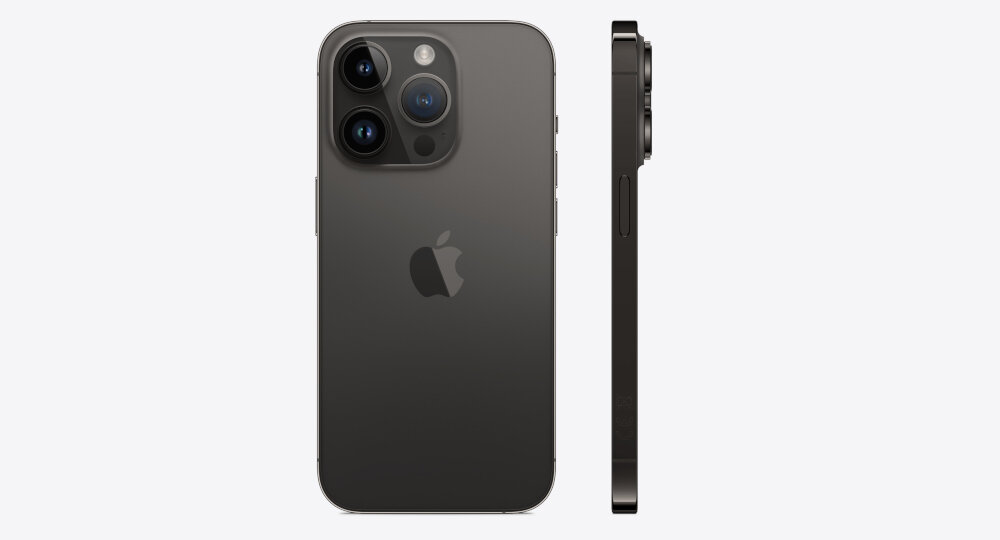 Na obrazie widoczny jest smartfon w kolorze ciemnym z trzema aparatami z tyłu oraz logo w kształcie nadgryzionego jabłka. Obok znajduje się boczny widok urządzenia, ukazujący jego smukły profil.