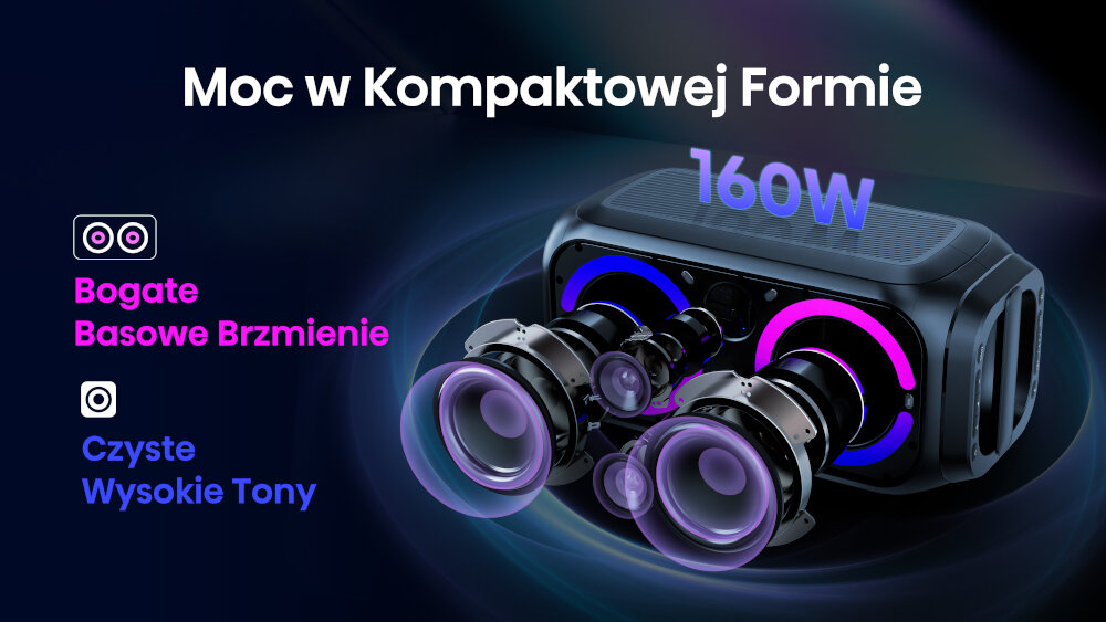 Obraz przedstawia czarny głośnik z napisem \'Moc w Kompaktowej Formie\' oraz \'160W\'. Widoczne są także hasła \'Bogate Basowe Brzmienie\' i \'Czyste Wysokie Tony\'.