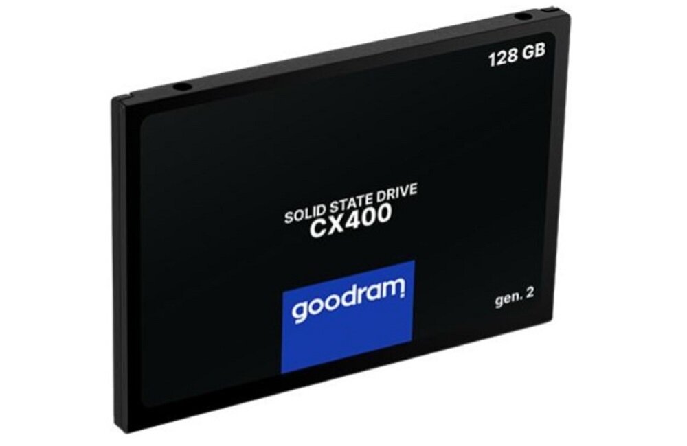 Na obrazie widoczny jest dysk SSD z napisem \'SOLID STATE DRIVE CX400\', \'128 GB\', \'gen. 2\' oraz logo \'goodram\'.