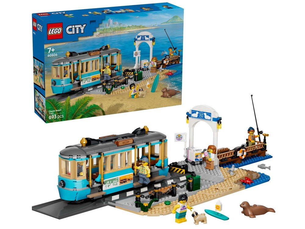 Zestaw LEGO przedstawia tramwaj przy plaży z różnymi elementami, takimi jak figurki, deska surfingowa i zwierzęta. Na opakowaniu widnieje napis \'LEGO City 7+ 60506 693 pcs\'.