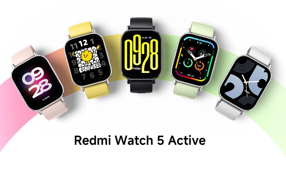 Pięć smartwatchy z różnymi kolorami pasków i tarczami wyświetlającymi różne wzory i godziny. Pod nimi znajduje się napis \'Redmi Watch 5 Active\'.