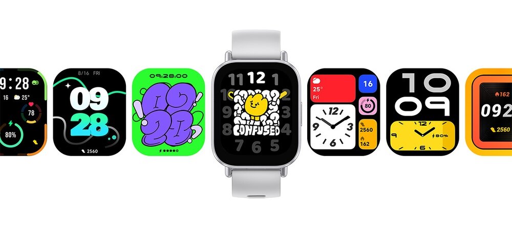 Obraz przedstawia siedem różnych tarcz zegarka, każda z unikalnym wzorem i kolorystyką. Na środku znajduje się smartwatch z białym paskiem, wyświetlający tarczę z napisem \'CONFUSED\' i uśmiechniętą buźką.
