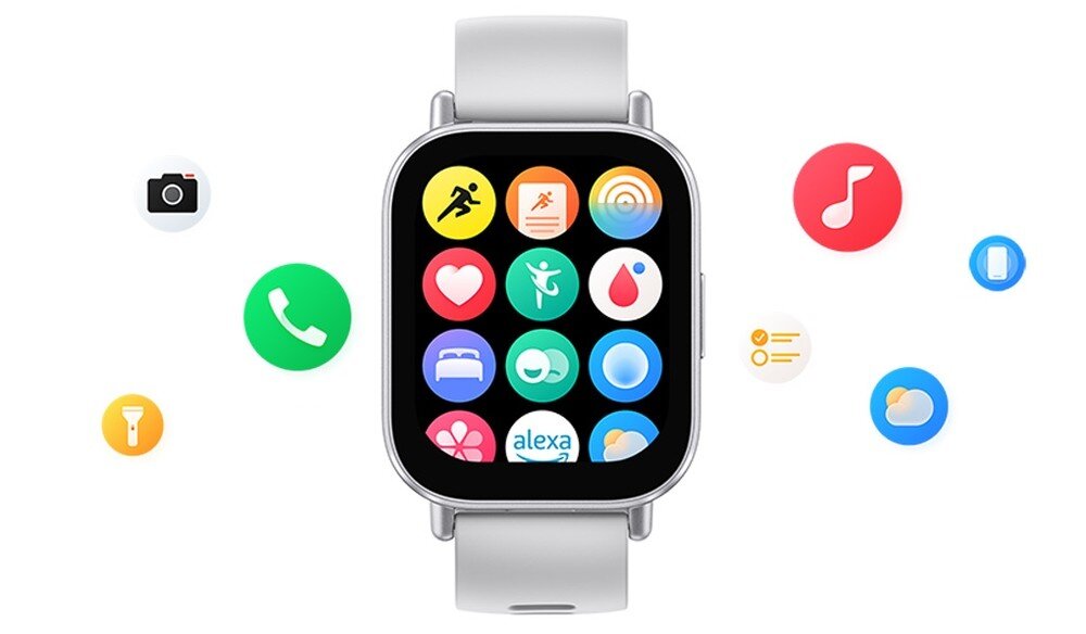Smartwatch z wyświetlaczem pokazującym różne kolorowe ikony aplikacji, takie jak kamera, muzyka, telefon i inne. Pasek zegarka jest w jasnym kolorze.