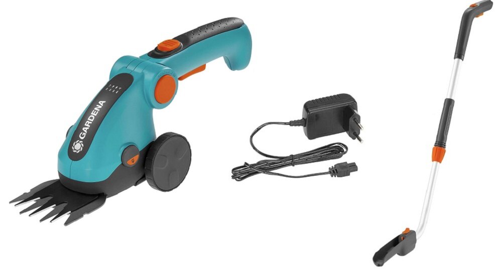 Nożyce do trawy GARDENA ComfortCut 9858-20 akumulatorowe zestaw oslona tarczy ladowarka sieciowa trzonek teleskopowy kolka prowadzace dokumentacja